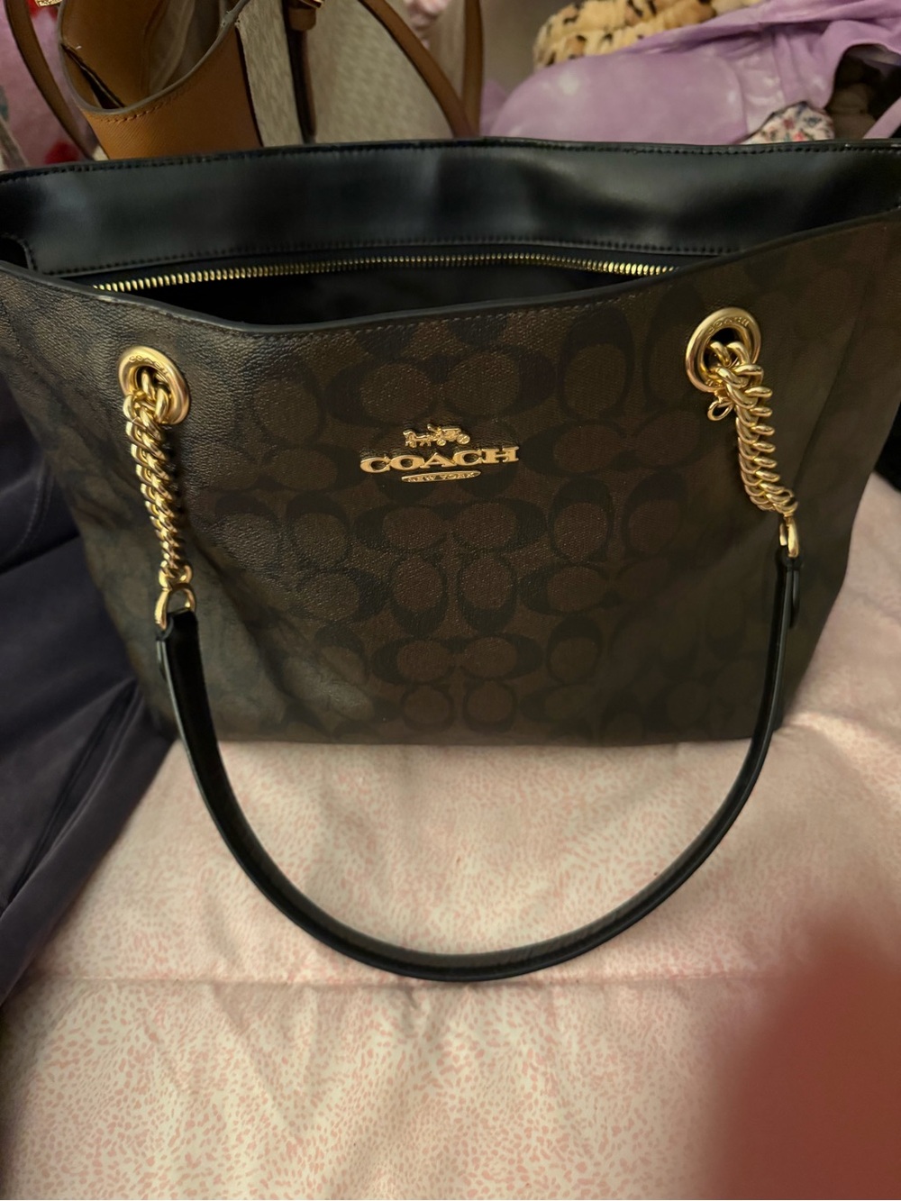 COACH Brown Signature Chain-Handle Satchel